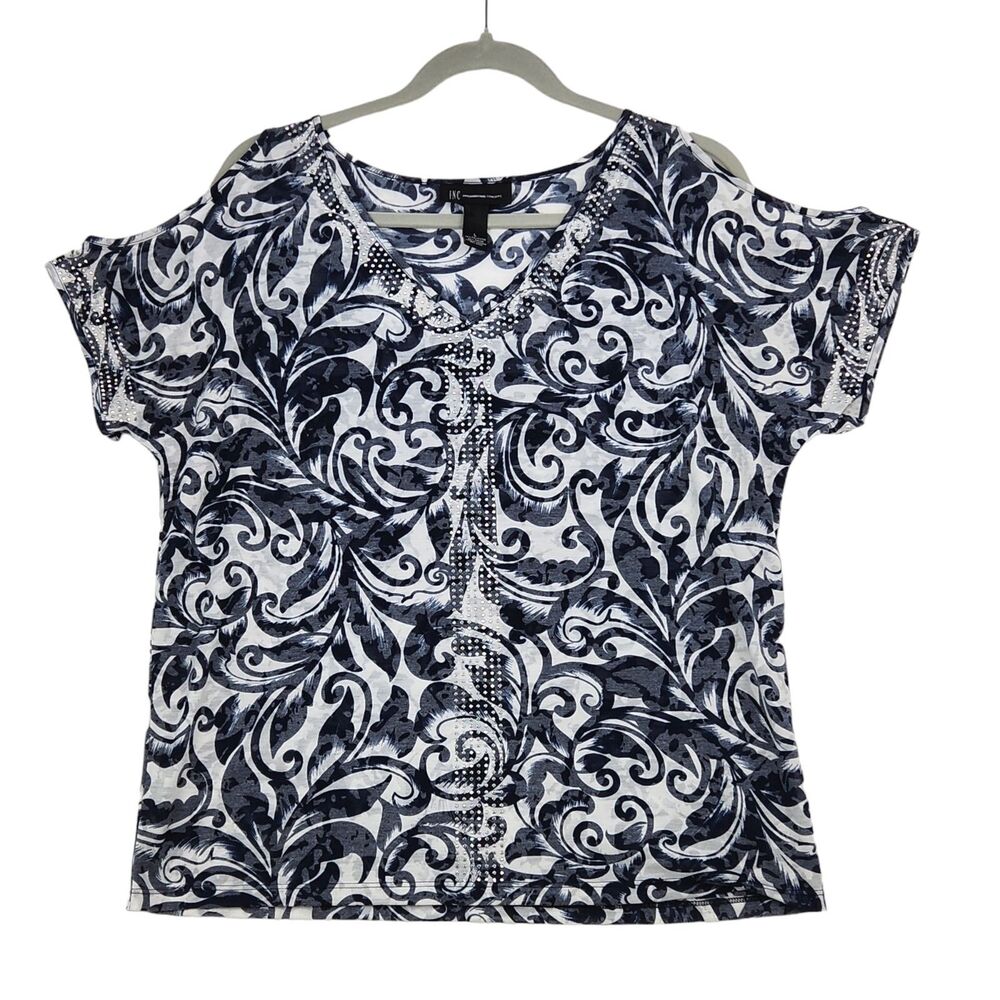 INC International Concepts Cold Shoulder Top‎ Large Artsy Embellished Deco